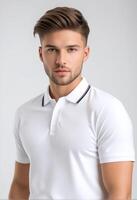 ai generado hermoso joven caucásico hombre con elegante Corte de pelo vistiendo un blanco polo camisa, posando en un gris fondo, ideal para Moda y padres día promociones foto