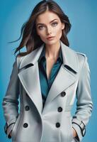 AI generated Elegant woman sporting a chic trench coat with a blue blouse on a solid background, ideal for fashion themes and autumn season promotions photo