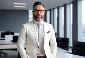 AI generated Confident businessman in a white suit standing in a modern office, portraying corporate success and professionalism, ideal for business and entrepreneurial concepts photo