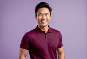 ai generado confidente joven asiático hombre sonriente en casual granate polo camisa, ideal para estilo de vida publicidad y moderno Moda conceptos foto