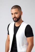 ai generado elegante, confidente joven adulto masculino con barba posando en un negro y blanco casual atuendo en un llanura fondo, adecuado para Moda y estilo de vida conceptos foto