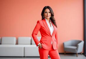 AI generated Confident businesswoman wearing a stylish red suit posing in a modern office environment, perfect for themes on entrepreneurship, leadership, and International Womens Day photo