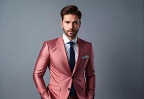 AI generated Confident young Caucasian businessman in a stylish salmon suit posing against a grey background, ideal for professional and corporate themes photo