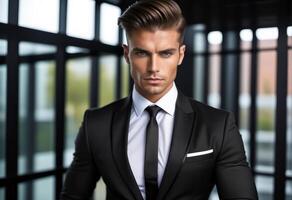 AI generated Confident caucasian businessman in a sharp suit posing against a modern office background, ideal for corporate professionalism and job interview concepts photo