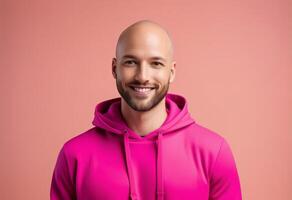 AI generated Smiling bald man in a vibrant pink hoodie against a pastel background, ideal for fashion and inclusivity themes, relevant for International Day of Happiness photo