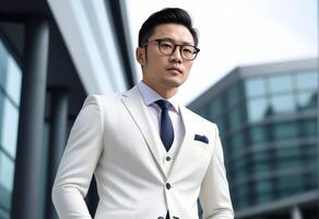 AI generated Confident Asian businessman in a stylish white suit posing in an urban setting, conceptually suitable for business success and professional lifestyle themes photo
