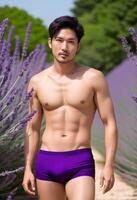 ai generado ajuste asiático masculino modelo posando con confianza en púrpura trajes de baño en medio de floreciente lavanda campos, ideal para aptitud física, verano, y cuerpo positividad temas foto