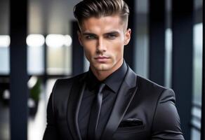 ai generado elegante joven empresario en negro traje posando con confianza en un moderno oficina, ideal para corporativo eventos y de los hombres Moda temas foto