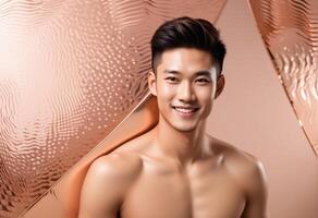 ai generado sonriente joven asiático masculino modelo con un tonificado físico posando en contra un texturizado bronce fondo, ideal para belleza y salud relacionado temas foto