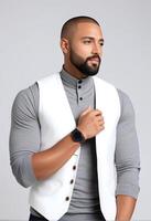 AI generated Confident middle aged man with a beard posing in stylish casual attire, ideal for business, lifestyle concepts, and Mens Fashion Week features photo