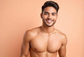 AI generated Handsome shirtless young man with a bright smile posing on a beige background, representing health, fitness, and skincare concepts photo