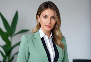 AI generated Confident Caucasian businesswoman in a stylish green blazer posing in a modern office, ideal for professional and corporate themes photo