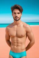 AI generated Handsome young Caucasian man posing on a sandy beach, representing summer vacations and ideal for swimwear advertising photo