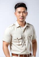 AI generated Confident Asian man in casual khaki shirt posing against a white background, suitable for business or casual lifestyle themes photo