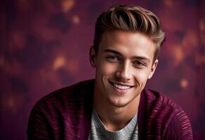 AI generated Handsome young Caucasian man smiling confidently with stylish haircut, against a festive purple bokeh background, suitable for mens fashion and Valentines Day themes photo