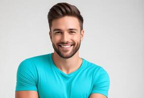 AI generated Smiling young Caucasian man with beard, wearing a turquoise t shirt, representing concepts of health and wellness, suitable for Fathers Day promotions photo