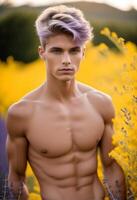 ai generado hermoso joven caucásico hombre con de moda lavanda pelo posando sin camisa en un vibrante amarillo flor silvestre campo, encarnando salud y verano vitalidad foto