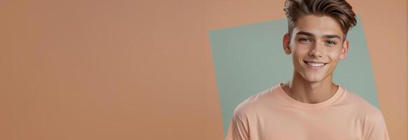 AI generated Handsome young Caucasian male with trendy hairstyle smiling confidently, ideal for fashion and lifestyle content, in a contemporary pastel backdrop photo