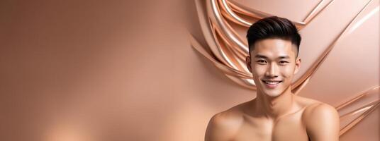 AI generated Smiling young Asian man with stylish hair posing against a sleek copper toned background, ideal for grooming products or fashion editorials photo