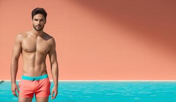 AI generated Fit young man in swim shorts standing by a poolside, ideal for summer vacation and travel themes, with a generic ethnic appearance photo