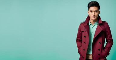 AI generated Confident Asian man in stylish maroon trench coat posing against a turquoise background, evoking themes of fashion and modern urban lifestyle photo