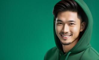 AI generated Smiling young Asian man in green hoodie on solid green background, concept of casual wear, vibrant youth, St Patricks Day photo