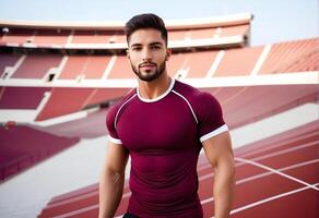 ai generado confidente joven masculino atleta en un granate ropa de deporte en pie en un corriendo pista, representando conceptos de aptitud física, bienestar, y internacional día de deporte para desarrollo y paz foto