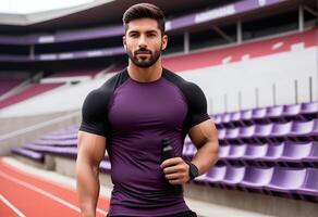 ai generado ajuste joven masculino atleta vistiendo un púrpura Deportes camisa y participación un agua botella a un pista campo, representando salud, aptitud física, y nacional físico aptitud y Deportes mes foto