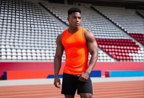 ai generado confidente africano americano masculino atleta en ropa de deporte posando a el pista campo, representando conceptos de determinación, aptitud física, y pista y campo atletismo foto