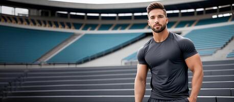 ai generado confidente atlético hombre vistiendo ropa de deporte posando a un estadio, representando aptitud física, Deportes capacitación, y activo estilo de vida conceptos foto