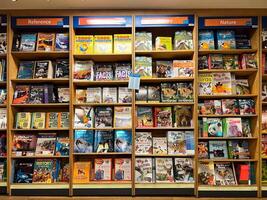 Herceg-Novi, Montenegro - 17 august 2023. Books about nature, animals and interesting facts are on the bookshelves photo