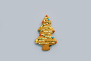 Colorful glazed gingerbread pine tree on blue background photo