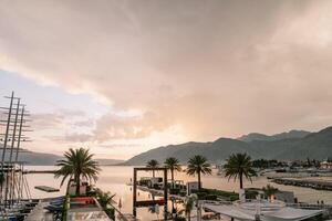 Luxurious marina of the Regent Hotel with yachts, palm trees, swimming pool and modern sculptures. Porto, Montenegro photo