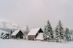 Snow-covered wooden houses among trees behind fences in a mountain valley photo