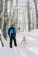 Dad and little girl stand in a snowy forest photo