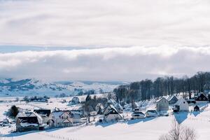 Snowy village on a slope surrounded by forest photo