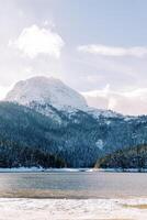 Black lake among a snow-covered coniferous forest at the foot of the mountain. Durmitor National Park, Montenegro photo