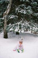 pequeño niña hace un bola de nieve en un Nevado bosque, allanamiento foto