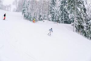 Skiers in colorful ski suits descend the mountainside along the edge of the forest photo