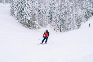 Skier rides leaning to the side on his skis along a snowy slope along a coniferous forest photo
