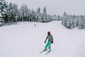 Skier in a colorful ski suit races on his skis down the slope photo