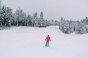 esquiador en un rojo esquí traje va abajo un Nevado pendiente, torneado su polos a el lado foto