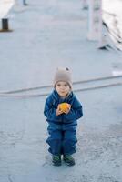 Little girl in overalls with a ripe persimmon in her hands squatted on the road photo