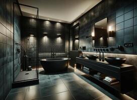 AI Generated A luxurious and modern bathroom with a dark design theme. The bathroom showcases a stunning black freestanding bathtub, offering a bold statement photo