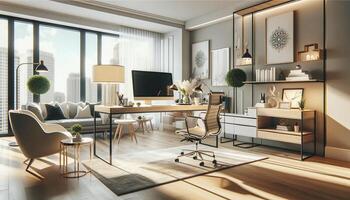 AI Generated A stylish and bright home office, showcasing a contemporary design. The office features a modern, sleek desk with a high-tech computer and accessories photo