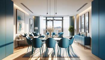 AI Generated A modern and bright dining room in a flat, featuring a blue table and chairs. The room is well-lit with natural light streaming through large windows photo