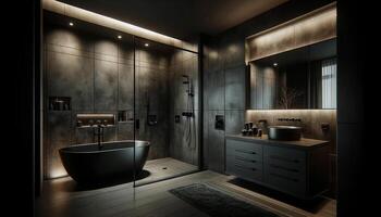 AI Generated A sleek and sophisticated bathroom with a dark luxury design. The bathroom features an elegant black freestanding tub, set against a backdrop photo
