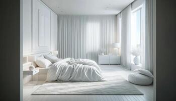 AI Generated A serene and minimalist bedroom in a contemporary style, primarily in white tones. The room features a large, comfortable bed with white bedding photo