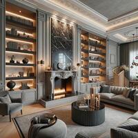 AI Generated A chic, expensive interior of a luxurious country house with a modern design, featuring a living room with a marble wall fireplace photo