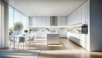 AI Generated A contemporary and airy kitchen design in a modern home, with a focus on white color. The kitchen features sleek white cabinets with minimalist photo